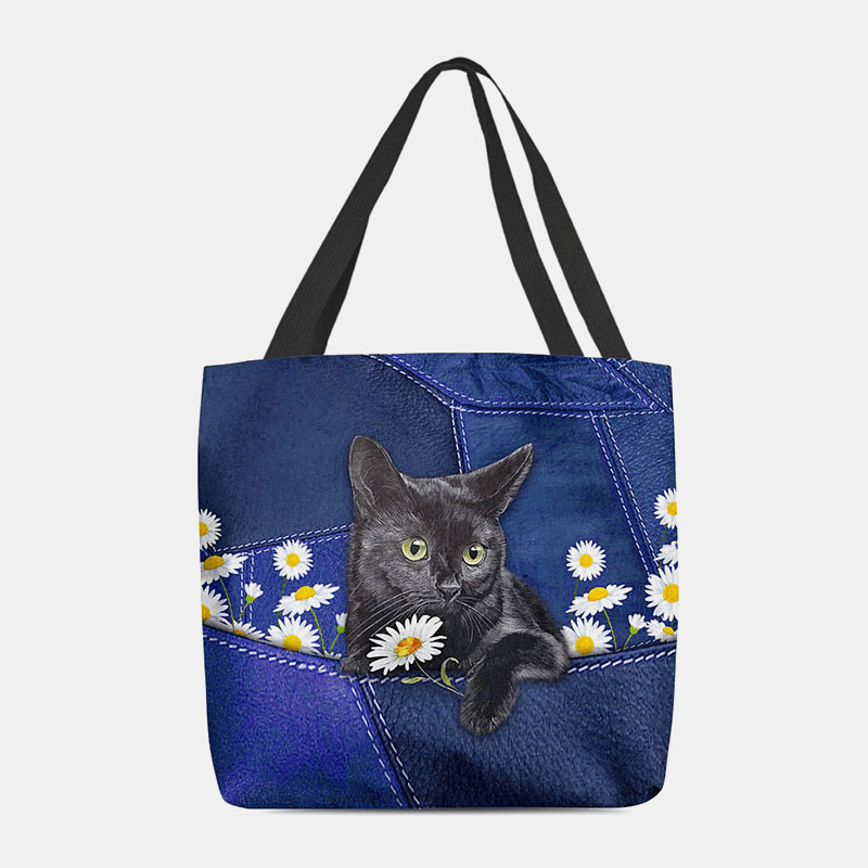 Women Felt Cute 3D Three-Dimensional Black Cat Daisy Pattern Shoulder Bag Handbag Tote - MRSLM