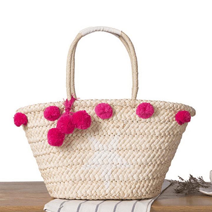 Women Woven Straw Beach Handbag Travel Plush Ball Bag Tote Bag - MRSLM