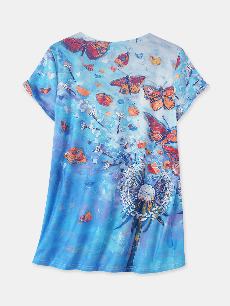 Women All over Butterfly Print V-Neck Casual Short Sleeve T-Shirts - MRSLM