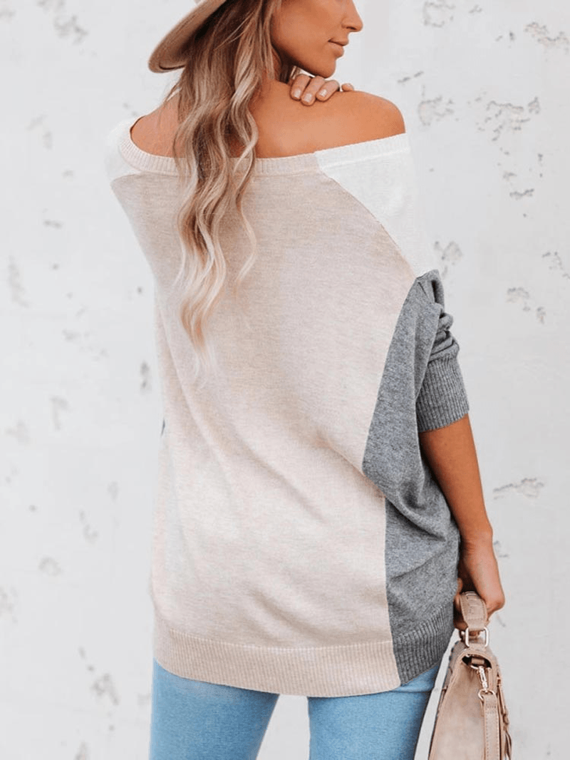 Women Patchwork Colorblock Drop Sleeve V-Neck Loose Daily Sweater - MRSLM