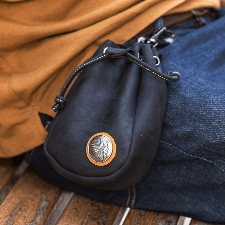 Men Genuine Leather Retro String Pocket Badge Decoration Waist Bag 6.3 Inch Phone Bag - MRSLM