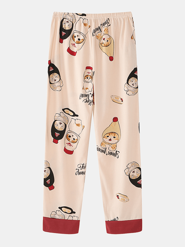 Women Cute Cartoon Cats Print O-Neck Cotton Long Sleeve Loose Home Pajamas Sets - MRSLM