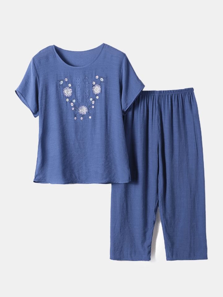 Women Floral Print Loungewear Loose Breathable Short Sleeve Pajamas - MRSLM