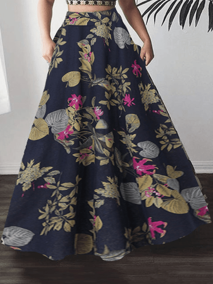 Women 100% Cotton Plant Floral Print High Waist Bohemia Maxi Skirts - MRSLM