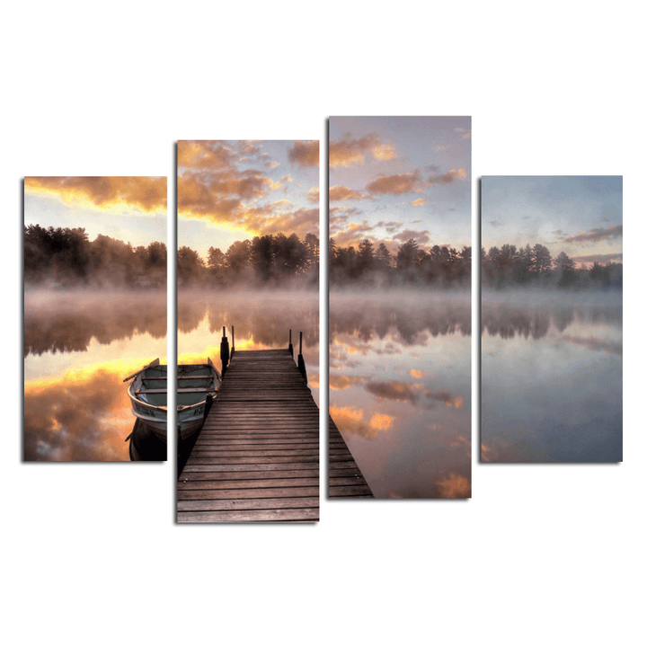 Miico Hand Painted Four Combination Decorative Paintings Foggy Lake Surface Wall Art for Home Decoration - MRSLM
