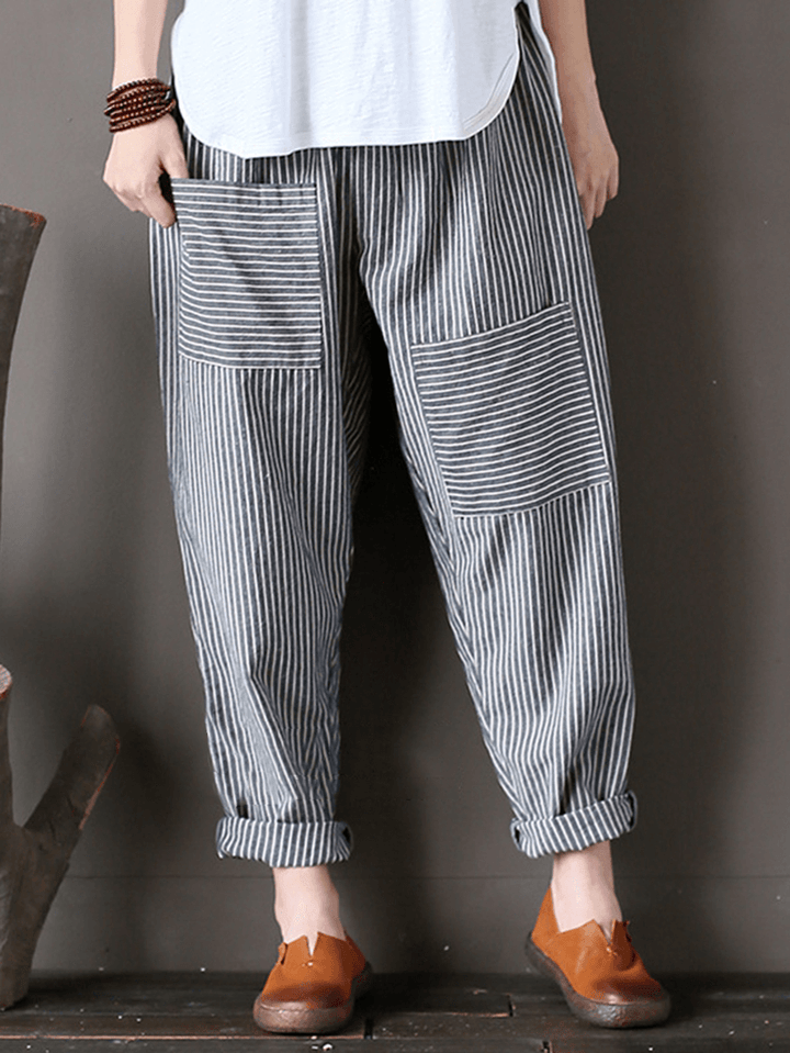 Women Stripe Elastic Waist Casual Loose Harem Pants - MRSLM