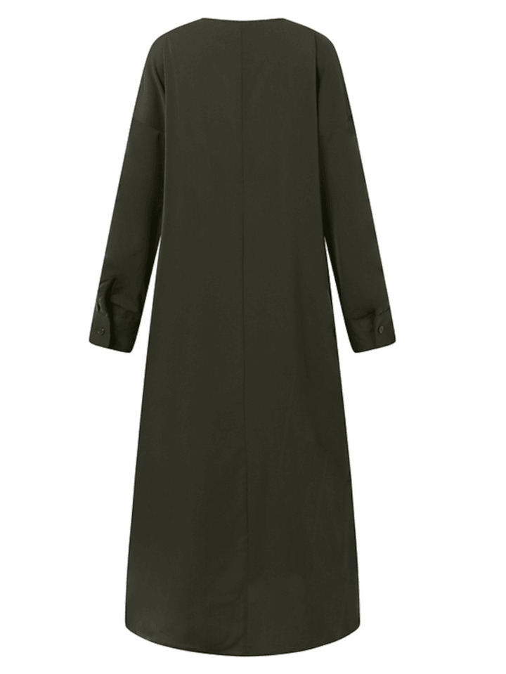 Women Solid Color Split Full Sleeve Side Pocket V-Neck Calf Length Casual Midi Dresses - MRSLM