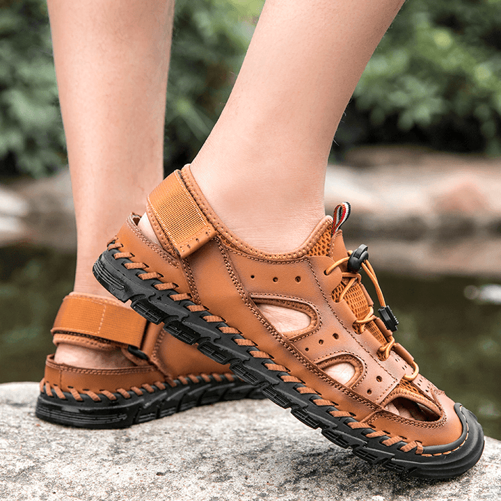 Men Cowhide Leather Breathable Mesh Hand Stitching Non Slip Soft Casual Outdoor Sandals - MRSLM