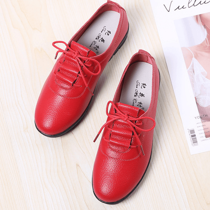 Women Non-Slip Solid Color Leather Lace-Up Soft Sole Flats - MRSLM