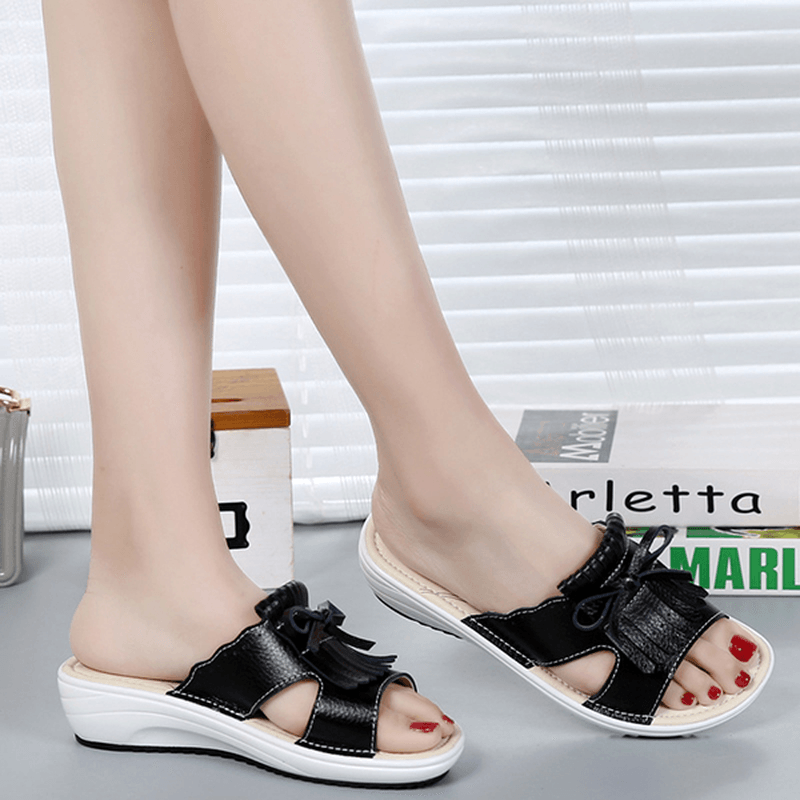 Women Slip on Causal Shoe Leather Tassel Flat Sandals - MRSLM