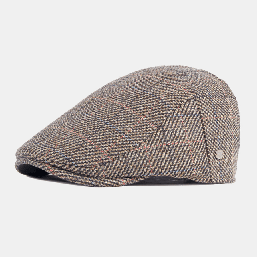 Men Cotton Colored Lattice Pattern plus Velvet Warm Berets British Retro Casual Sunshade Forward Hat Newsboy Hat - MRSLM