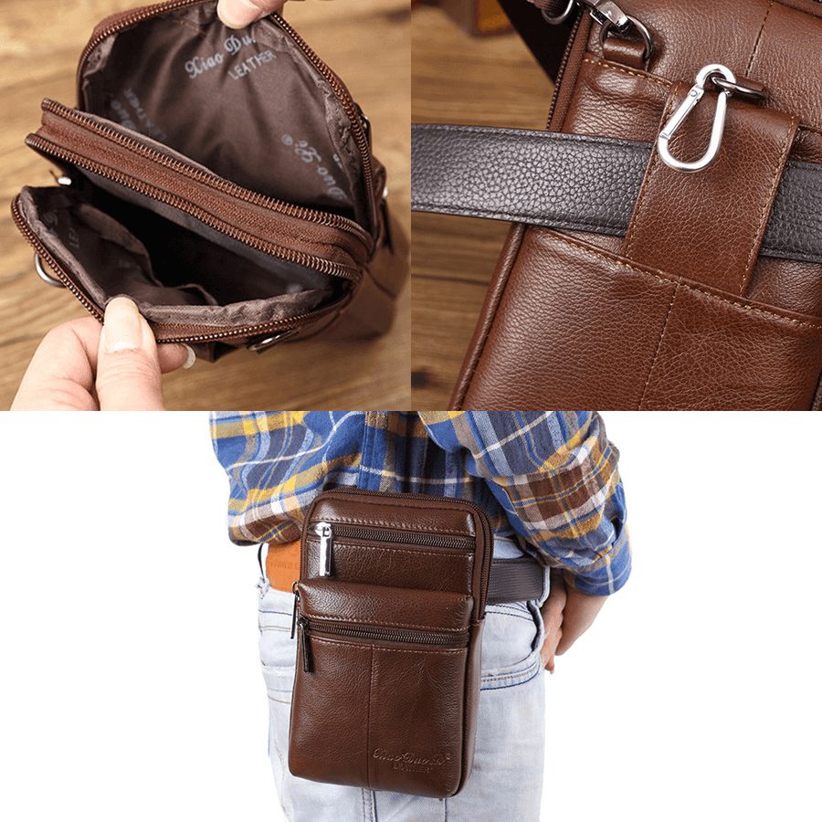 Men'S Genuine Leather Mini Multifunctional Messenger 7 Inch Phone Bag Waist Bag Crossbody Bag - MRSLM