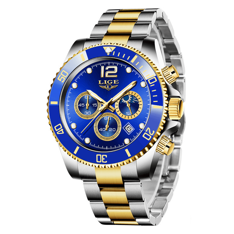 LIGE 8924 Business Casual Multifunctional Luminous Pointer with Small Dials Chronograph Stainless Steel Strap 3ATM Waterproof Men Quartz Watch Wristwatch - MRSLM