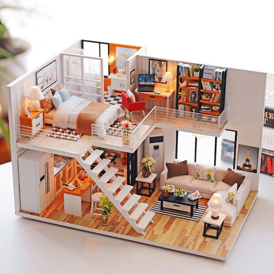 Loft Apartments Miniature Dollhouse Wooden Doll House Furniture LED Kit Christmas Birthday Gifts - MRSLM