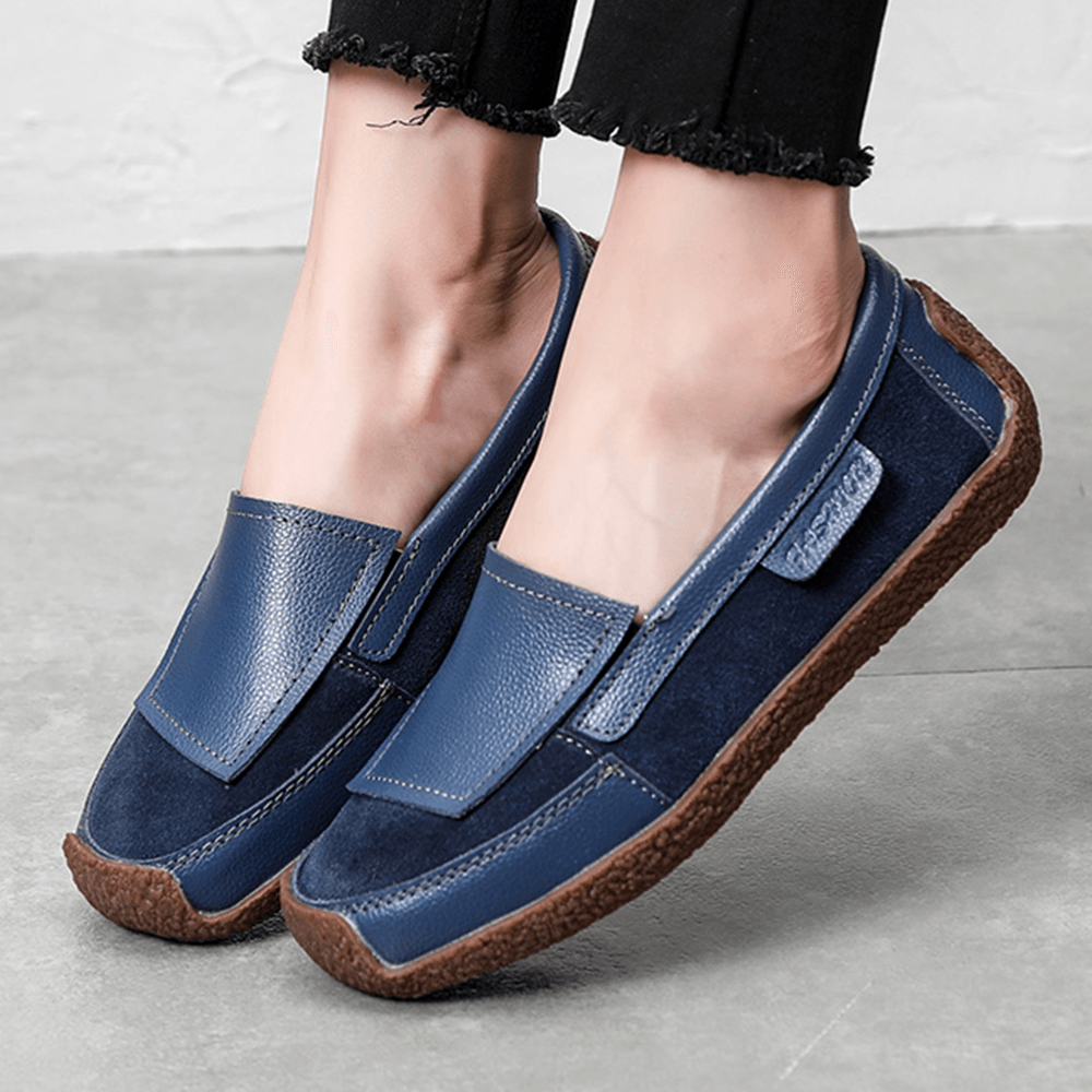 Women Comfy Leather Splicing Soft Slip on Flat Loafers - MRSLM