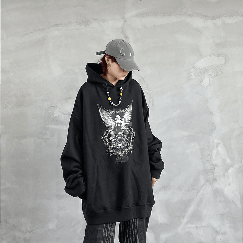 Hip Hop Angel Print Hooded Pullover Sweatshirt - MRSLM