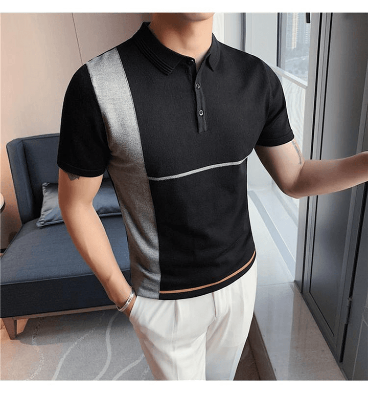 New Color-Blocking Striped Slim Stretch Knit Short-Sleeved T-Shirt - MRSLM