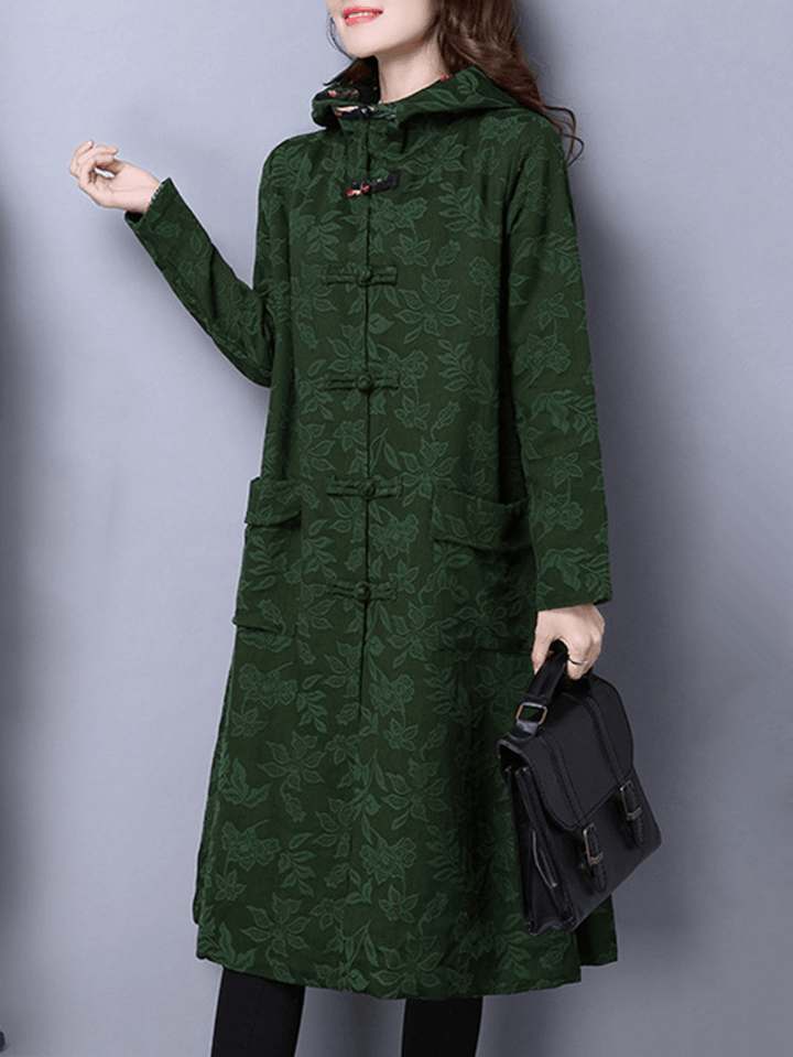 Vintage Women Hooded Printed Long Sleeve Single Breasted Coat - MRSLM