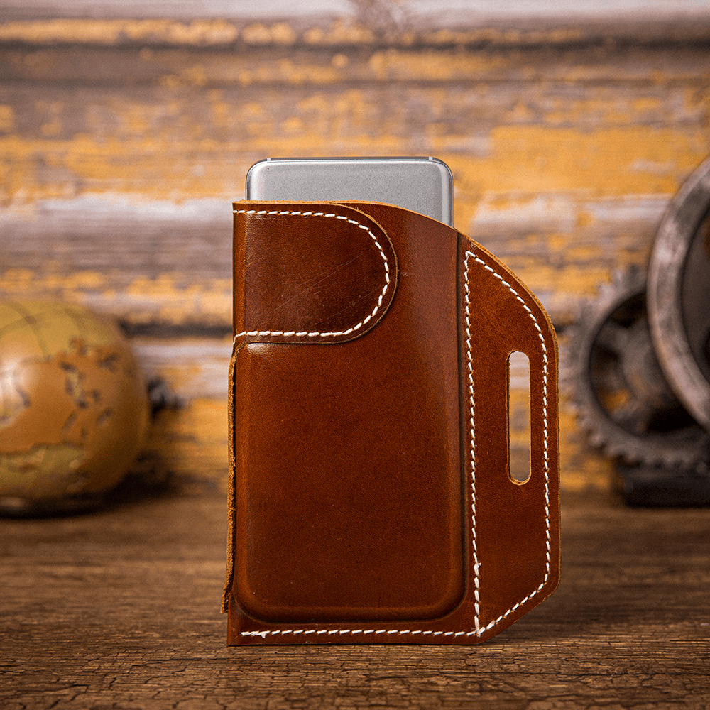 Ekphero Men Genuine Leather Retro Solid Color 5.8 Inch Phone Bag Easy Carry Belt Bag Waist Bag - MRSLM