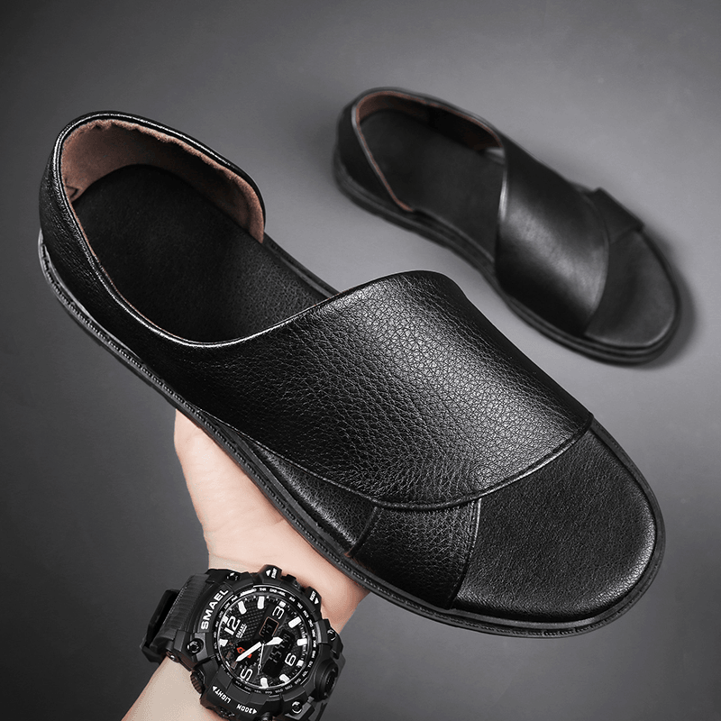 Men Cowhide Breathable Hollow Out Soft Bottom Opened Toe Slip on Casual Sandals - MRSLM