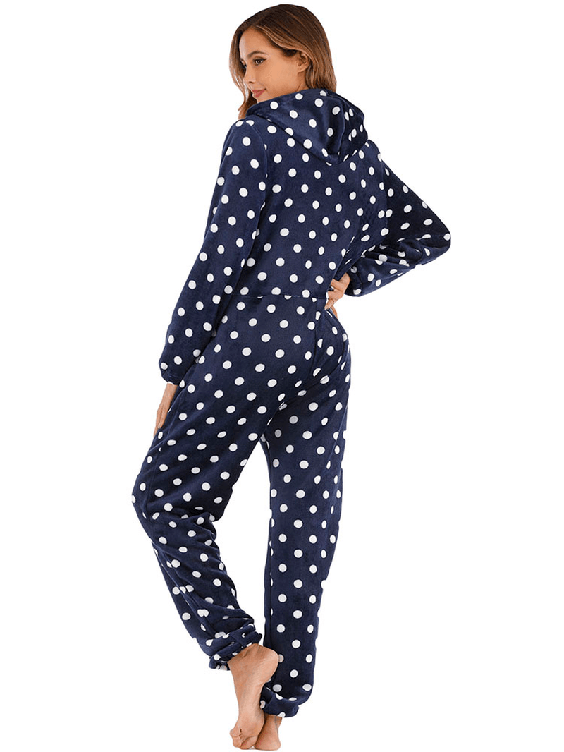 Navy Polka Dot Front Zip Hoodie Jumpsuit Casual Pajama Set - MRSLM