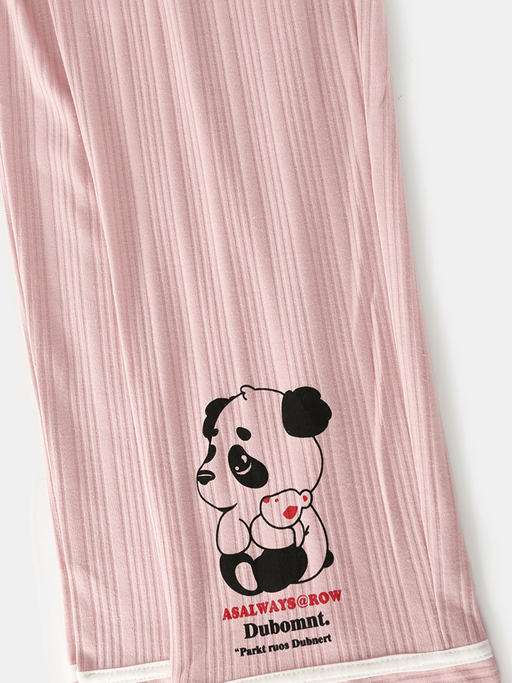 Women Cartoon Animal Print Rib Long Sleeve Elastic Waist Pajama Set with Pocket - MRSLM