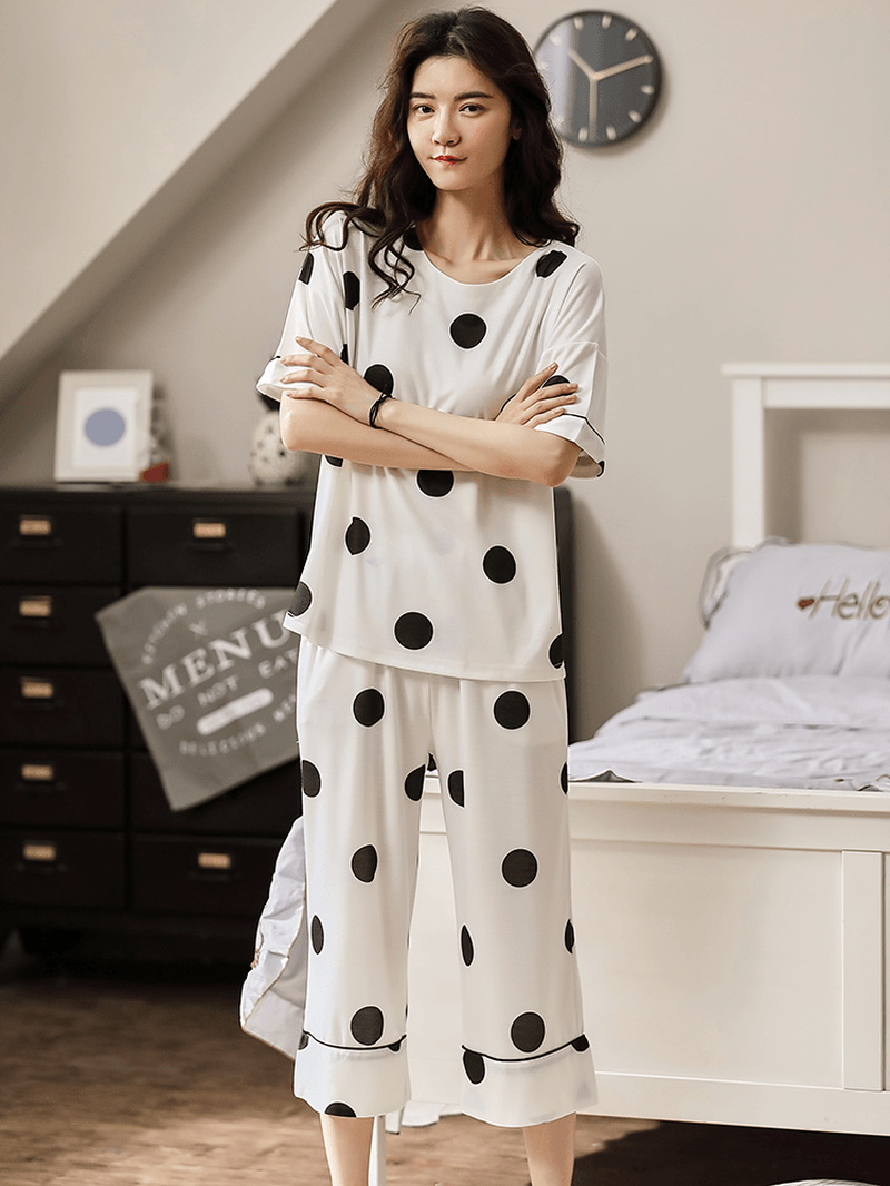 Women Cotton Polka Dot Short Sleeve Pajamas Sets Casual Summer Sleepwear - MRSLM