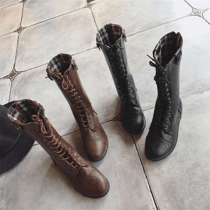 Womens Motorcycle Warm Lace up Winter Casual Mid Calf Boots - MRSLM