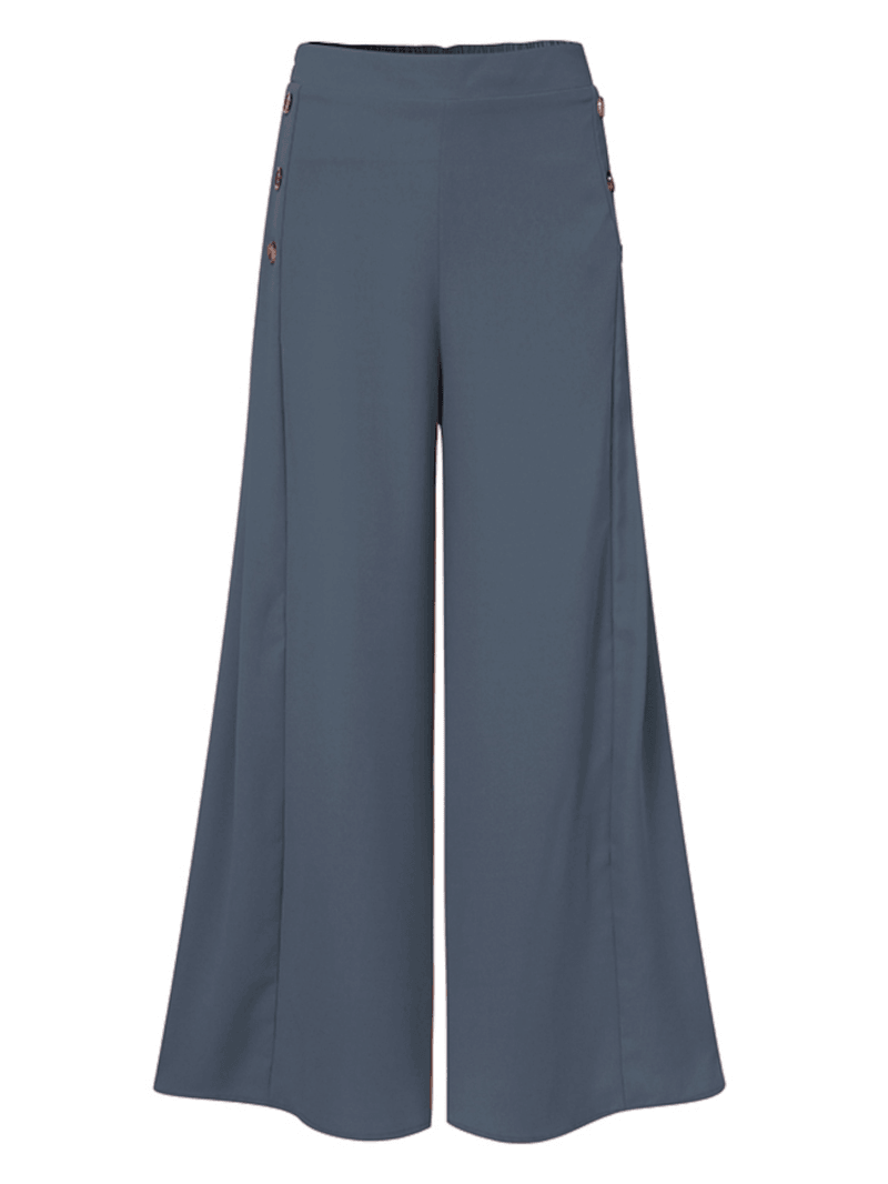 Women Solid Color Side Button Elastic Waist Loose Casual Wide Leg Pants with Pocket - MRSLM