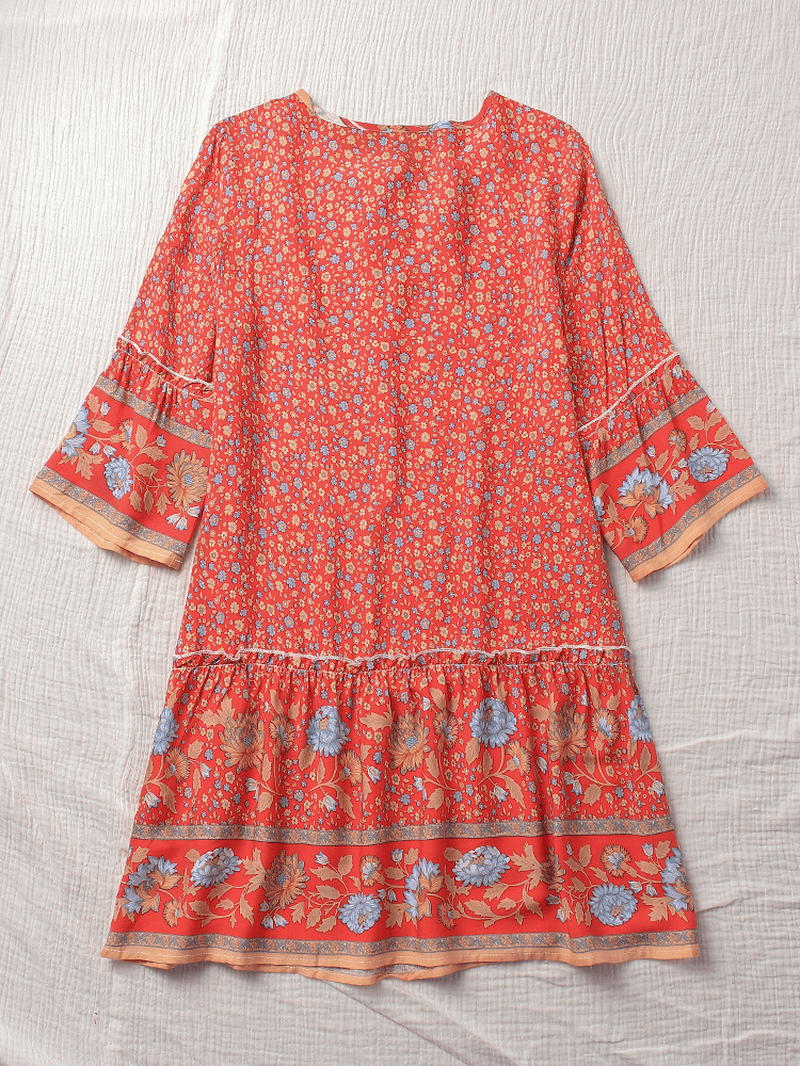 Bohemian Floral Print V Neck Summer Beach Mini Dress - MRSLM