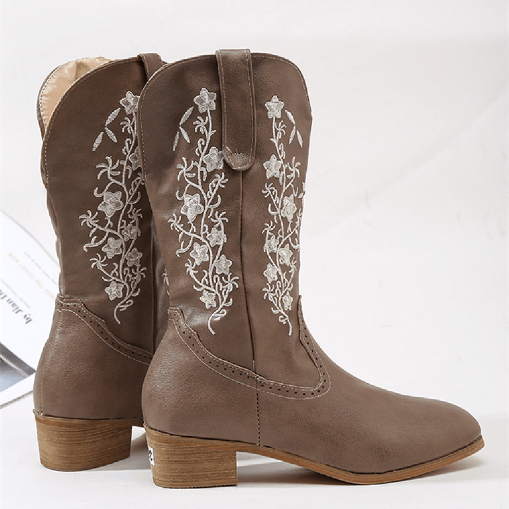 Retro Flowers Square Toe Slip on Mid-Calf Block Heel Cowboy Boots for Women - MRSLM