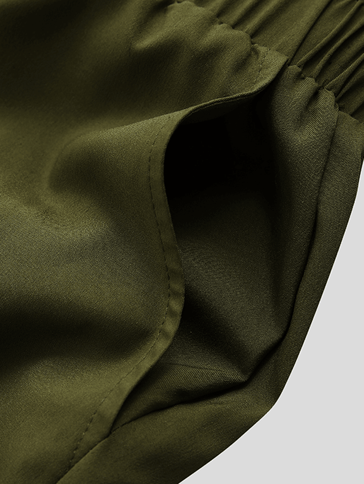 Men Solid Color Chest Pocket Drawstring Half Sleeve Rompers Pants - MRSLM