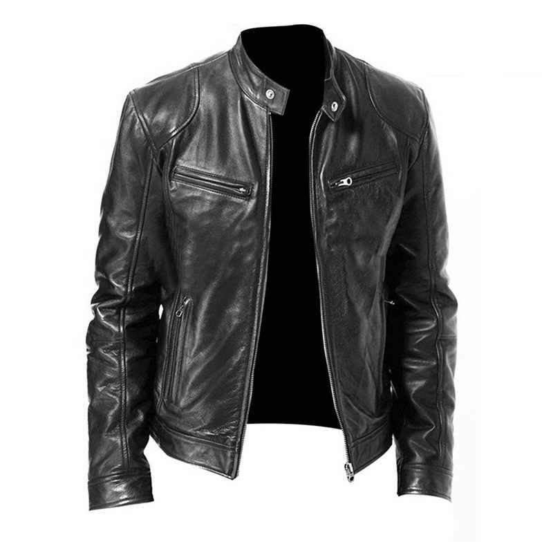 Men'S Zip Cardigan PU Leather Jacket with Stand Collar - MRSLM