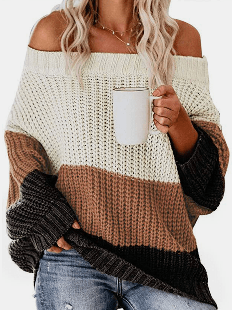 Women Color Block Patchwork Knitted off Shoulder Casual Sweaters - MRSLM