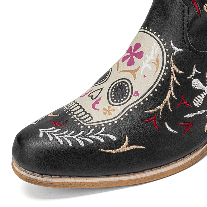 Women Color Kartoon Printed Embroidered Wear Resistant Chunky Heel Mid-Calf Boots - MRSLM
