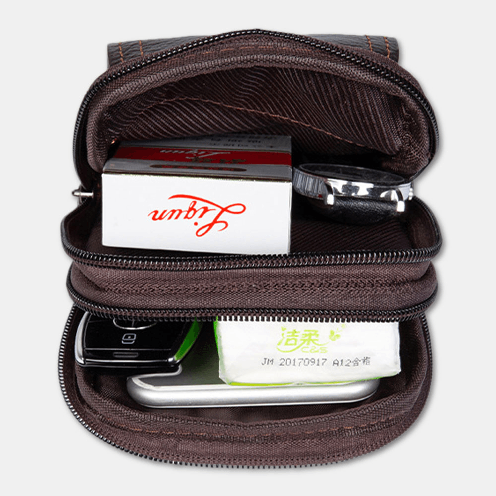 Men Genuine Leather Multifunction 6.5 Inch Phone Bag Retro Large Capacity Cigaret Case Pocket Belt Bag Waist Bag - MRSLM
