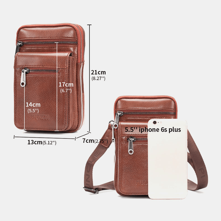 Men Genuine Leather Cowhide Multi-Carry Retro 7.2 Inch Phone Crossbody Bag Hanging Belt Bag Waist Bag - MRSLM