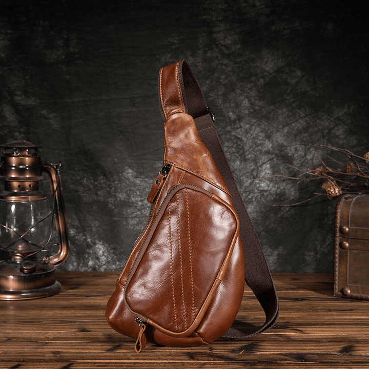 Men Genuine Leather Multi-Pocket Retro 9 Inch Large Capacity Waterproof Phone Chest Bags Crossbody Bag - MRSLM