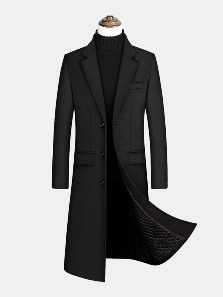 Mens Woolen Single-Breasted Flat Collar Casual Long Trench Coats with Flap Pocket - MRSLM