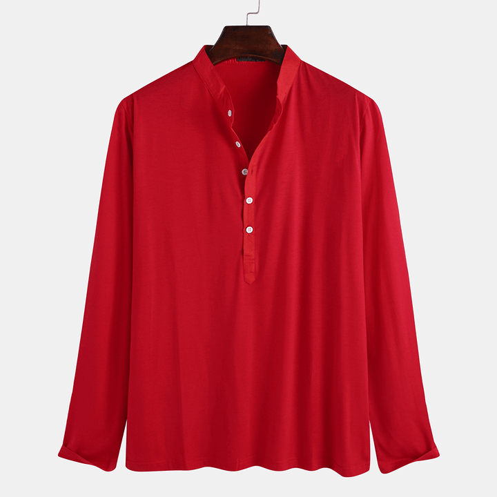 Mens Solid Color Half Open Button Stand Collar Long Sleeve - MRSLM