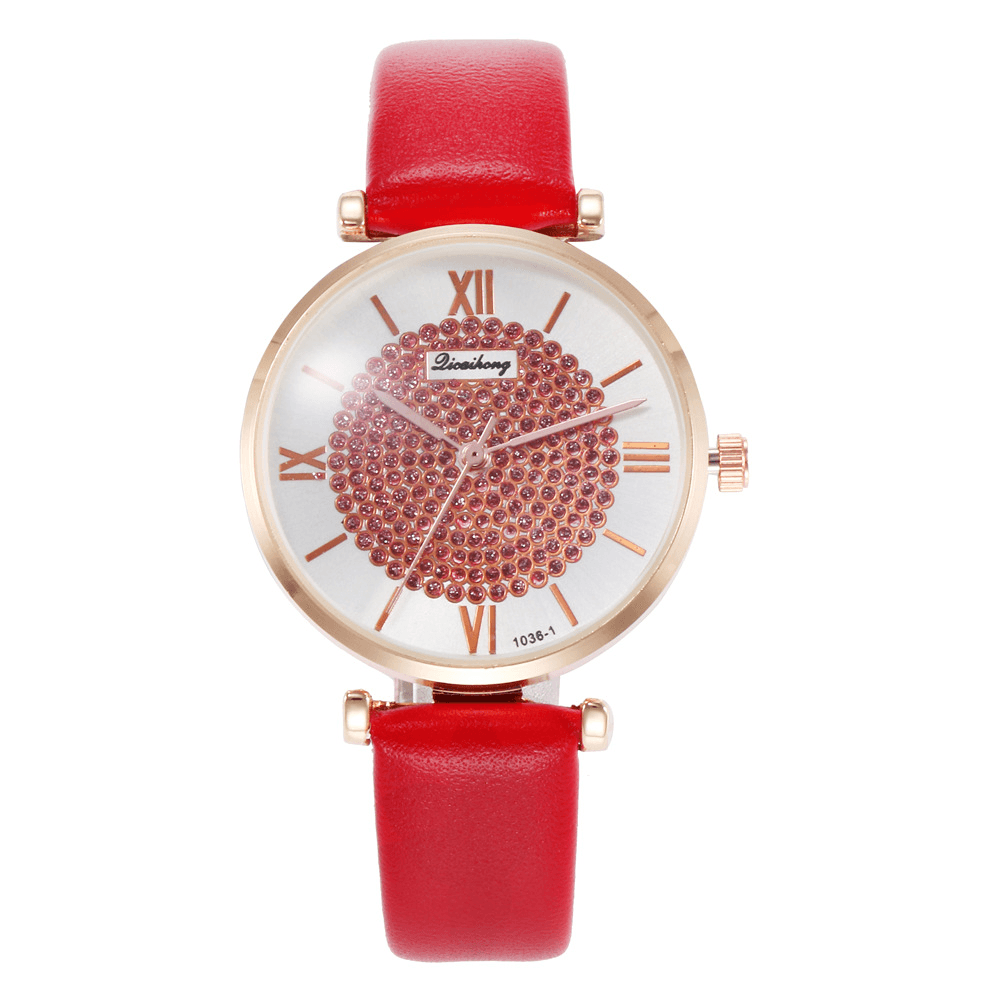 Deffrun Roman Number Crystal Elegant Design Ladies Watch Leather Band Quartz Watches - MRSLM
