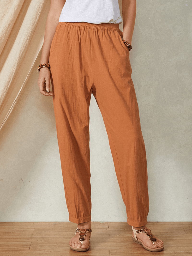 Plain Solid Color Elastic Waist Casual Cotton Women Pants - MRSLM