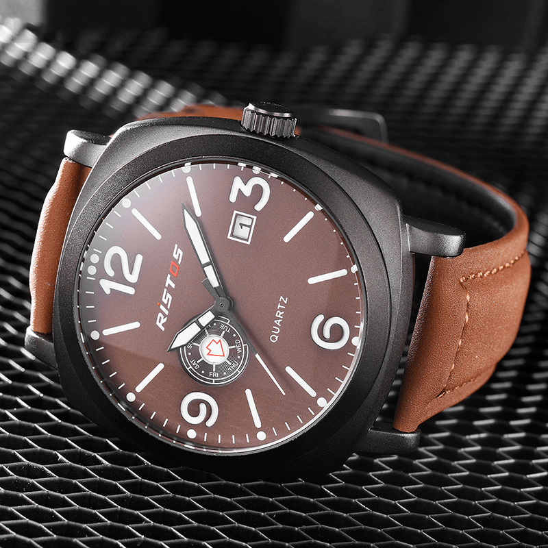 Ristos 9336 Business Style Male Wristwatch Calendar Leather Band Quartz Watch - MRSLM