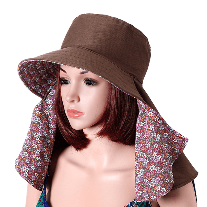 Women Face Neck Protection Wide Brim Beach Hat Double-Side Flower Print Outdoor Gardening Caps - MRSLM