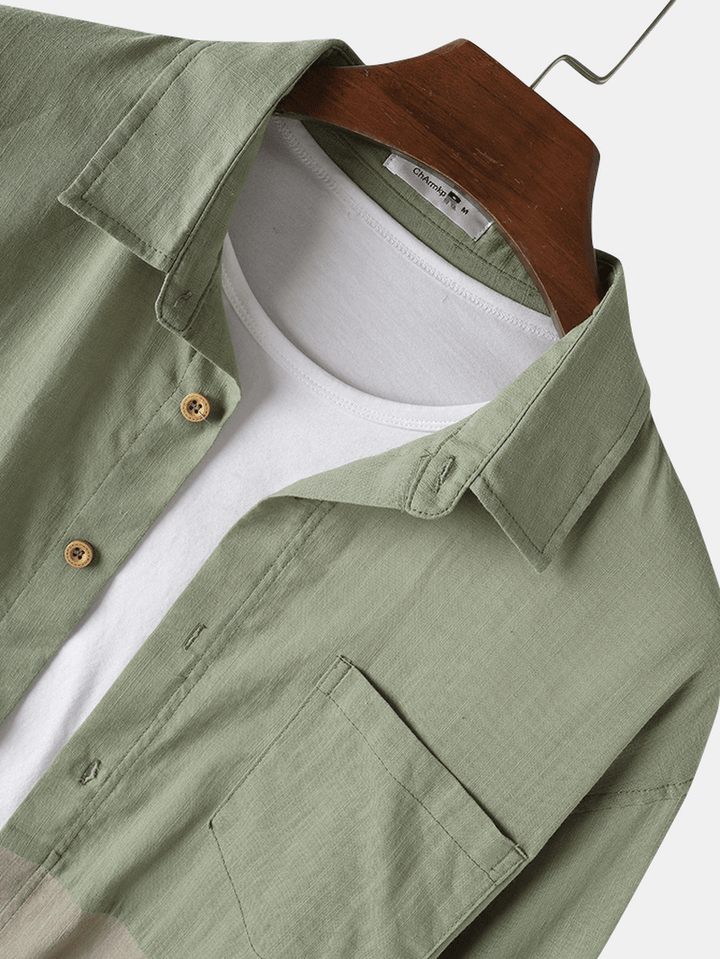 Design Mens Patchwork Pocket Lapel Stitching Hem Long Sleeve 100%Cotton Shirts - MRSLM