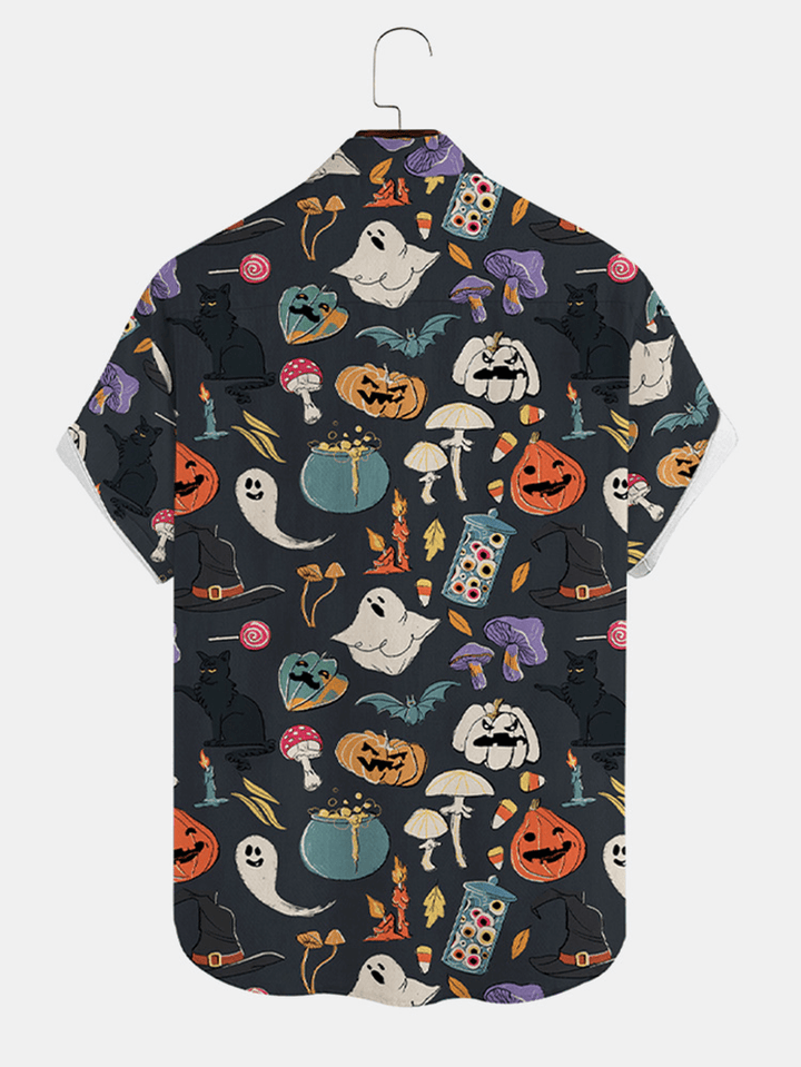 Men Halloween Pumpkin Ghost Pattern Chest Pocket Funny Shirts - MRSLM