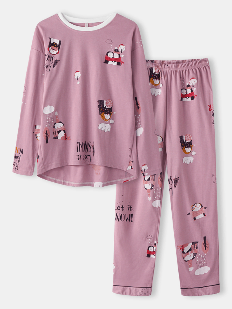 Women Cute Cartoon Pattern Print O-Neck Two-Piece Loose Home Pajamas Sets - MRSLM