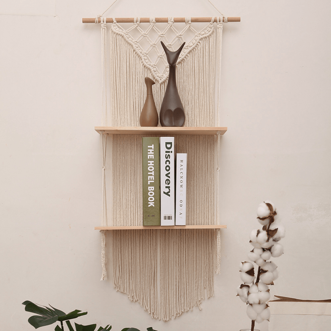Hand-Woven Macrame Bohemia Modern Rack Storage Rack Sling Wood Shelf for Wall Decoration - MRSLM