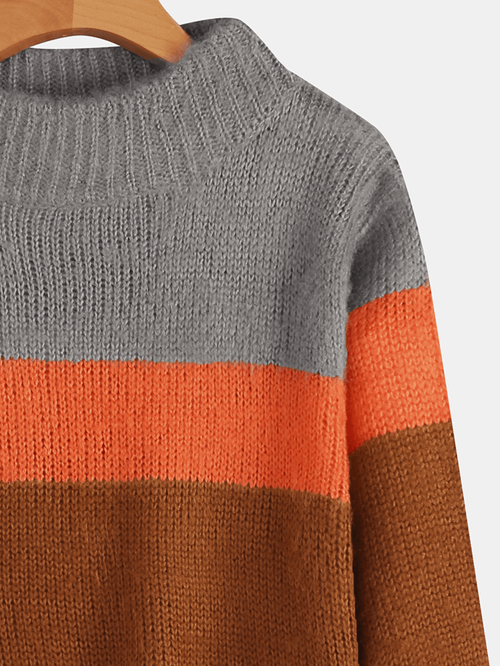 Long Sleeve High Collar Color Block Casual Sweaters - MRSLM