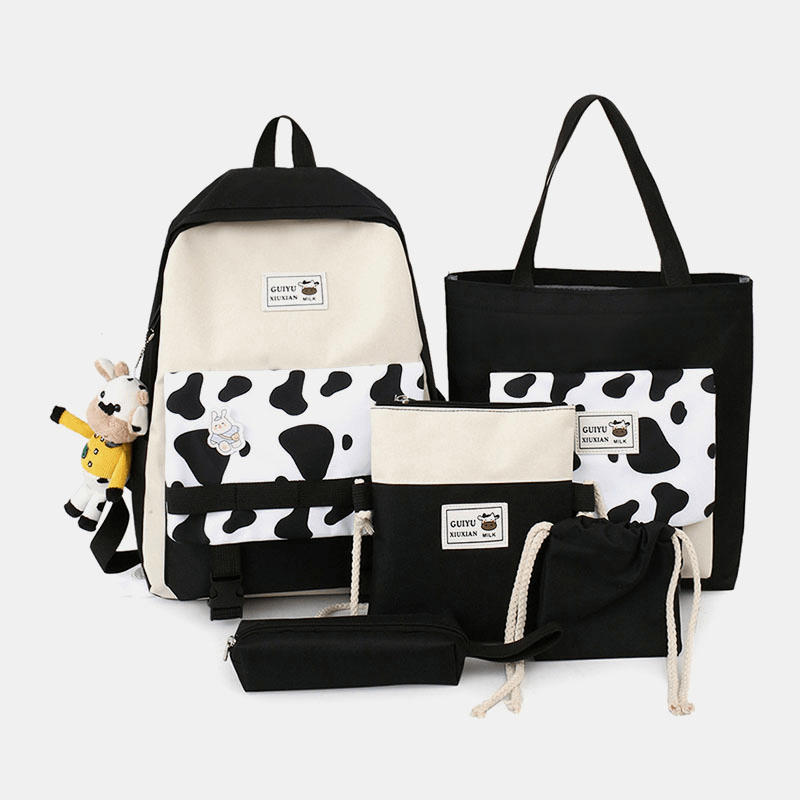 5 PCS Canvas Preppy Cow Pattern Multifunction Combination Bag Backpack Tote Crossbody Bag Clutch Wallet - MRSLM